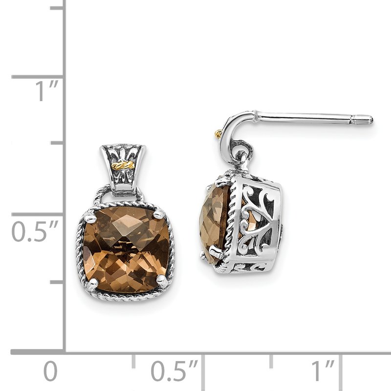 Sterling Silver with 14K Accent Antiqued Cushion Smoky Quartz Dangle Post Earrings