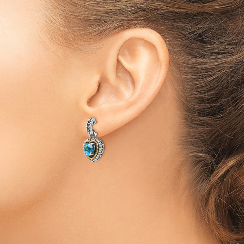 Sterling Silver with 14K Accent Antiqued Blue Topaz Heart Post Dangle Earrings