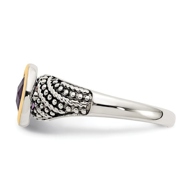 Sterling Silver with 14K Accent Antiqued Oval Bezel Amethyst Ring
