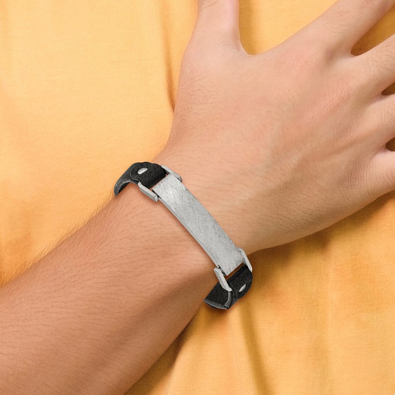 Stainless Steel Polished Scratch Finished Black Leather Adjustable ID Bracelet