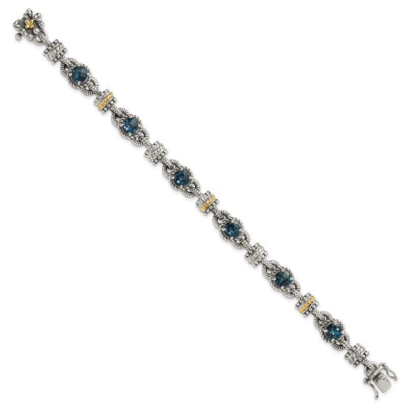Sterling Silver with 14K Accent 7.25 Inch Antiqued Round London Blue Topaz Bracelet