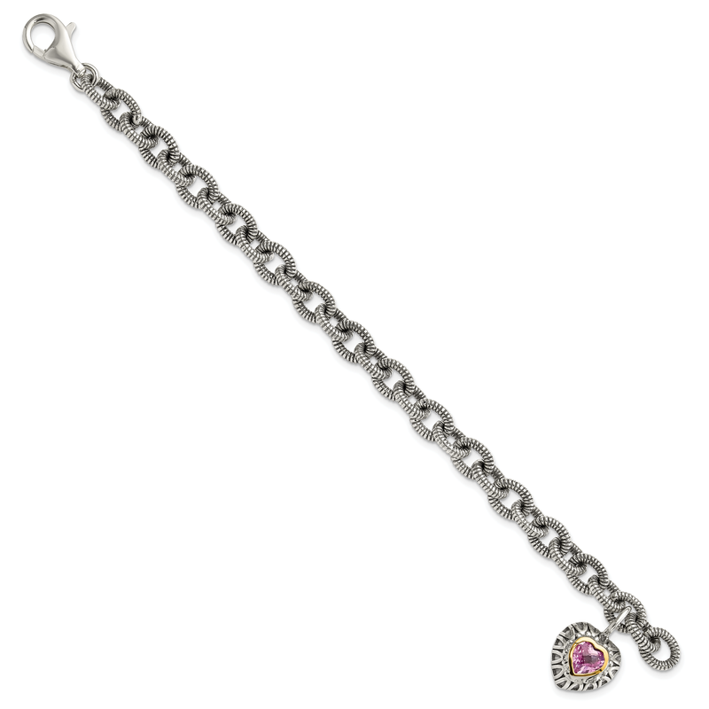 Sterling Silver with 14K Accent 7.5 Inch Antiqued Heart Bezel Created Pink Sapphire Heart Charm Bracelet