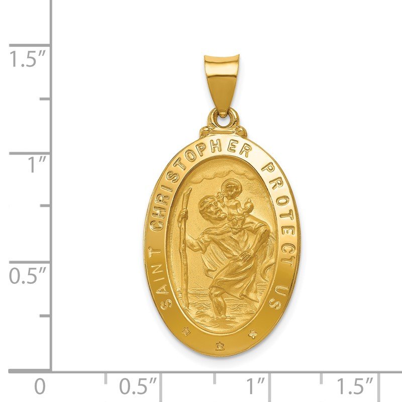 14k Polished and Satin Hollow St Christopher Medal Oval Pendant