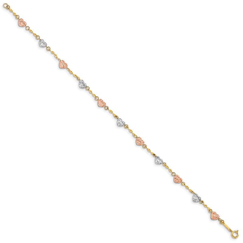 14k Tri-color Diamond-cut Puffed Heart 7 inch Bracelet