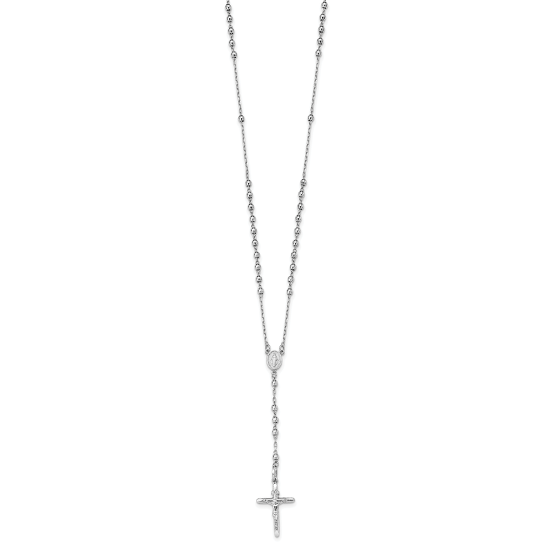 14k White Gold Polished Crucifix and Miraculous Medal with 3mm Mirror Beads 24 inch Rosary Necklace