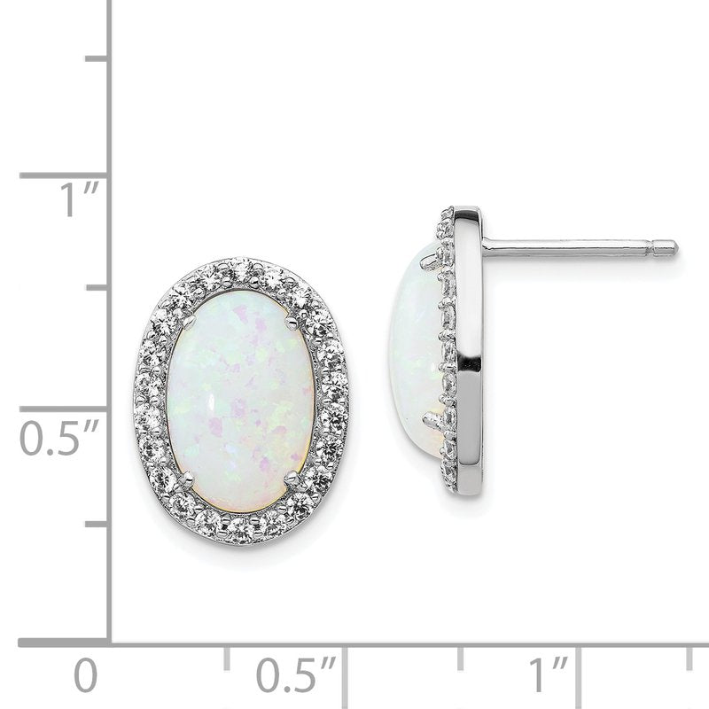Sterling Silver Rhodium-plated Cabochon Lab Created Opal and Brilliant-cut CZ Oval Halo Post Earrings