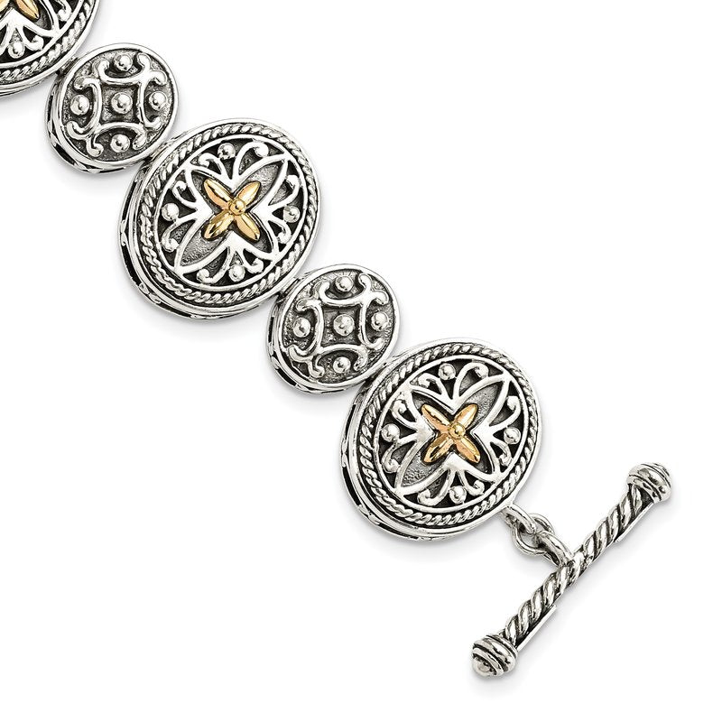 Sterling Silver with 14K Accent 8 Inch Antiqued Toggle Bracelet