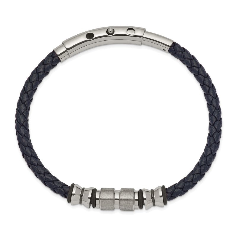Stainless Steel Brushed and Polished Black IP-plated with Rubber Blue Braided Leather Adjustable 7.75 to 8.25 inch Bracelet