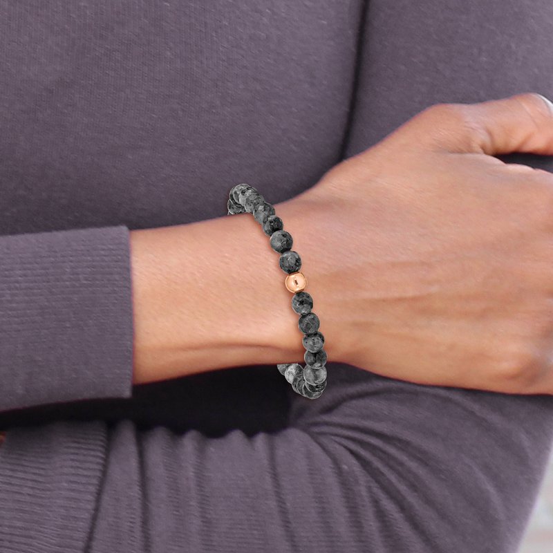 Stainless Steel Polished Rose IP-plated 6mm Spectrolite Beaded Stretch Bracelet