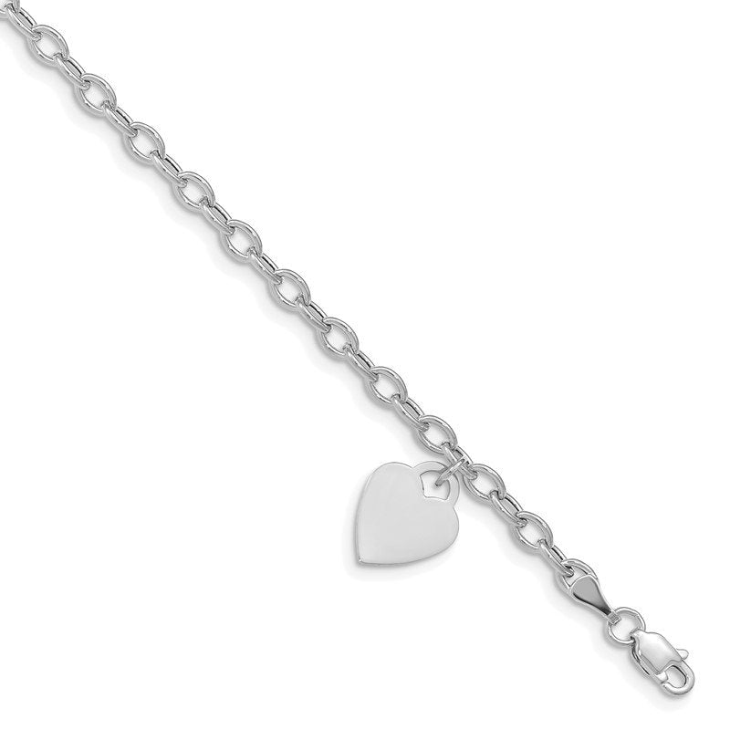14k White Gold Engravable 14x10mm Solid Dangle Heart Charm and Hollow Chain 7.5 inch Bracelet