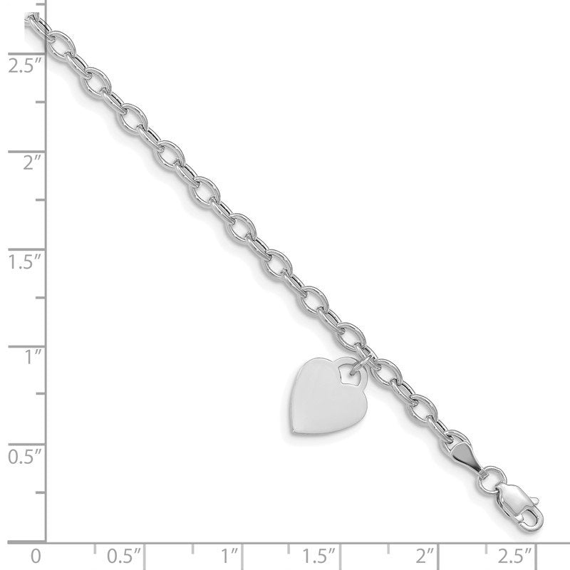 14k White Gold Engravable 14x10mm Solid Dangle Heart Charm and Hollow Chain 7.5 inch Bracelet
