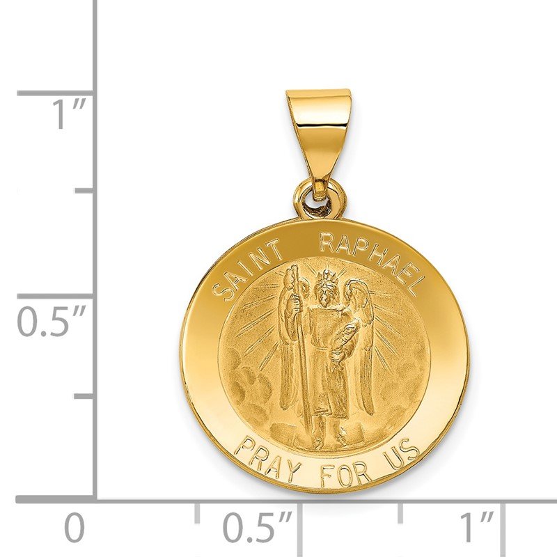 14k Polished and Satin Hollow St Raphael Medal Round Pendant
