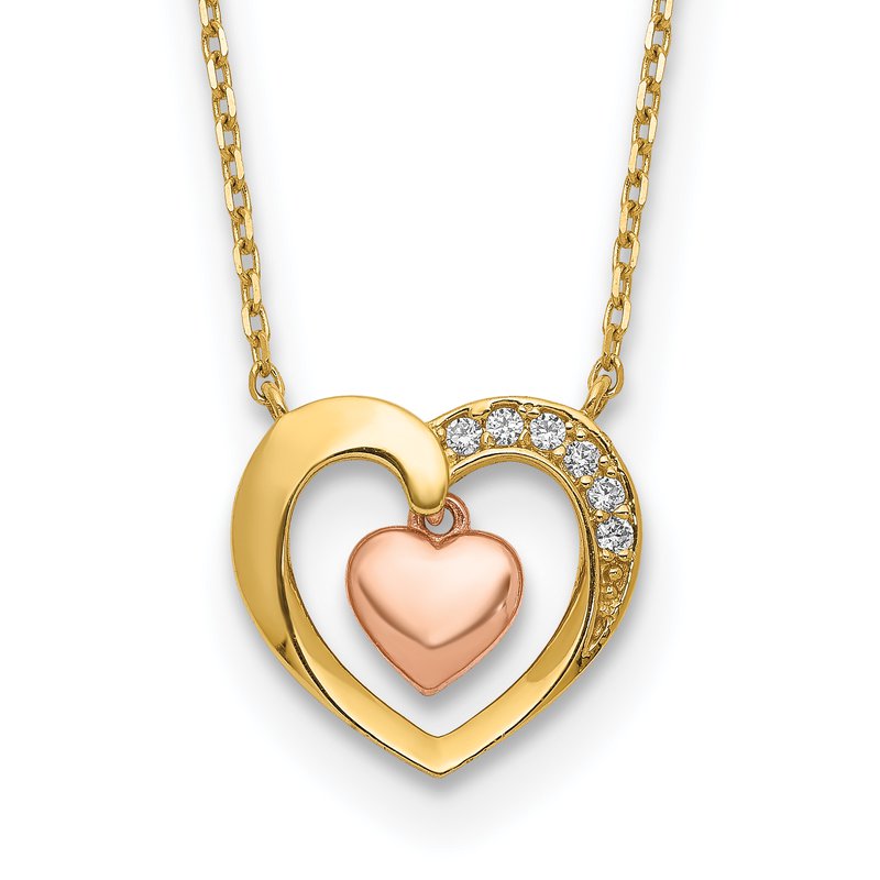 14K Two-Tone CZ Heart-in-Heart 18 inch Necklace Plus 2 inch Extender