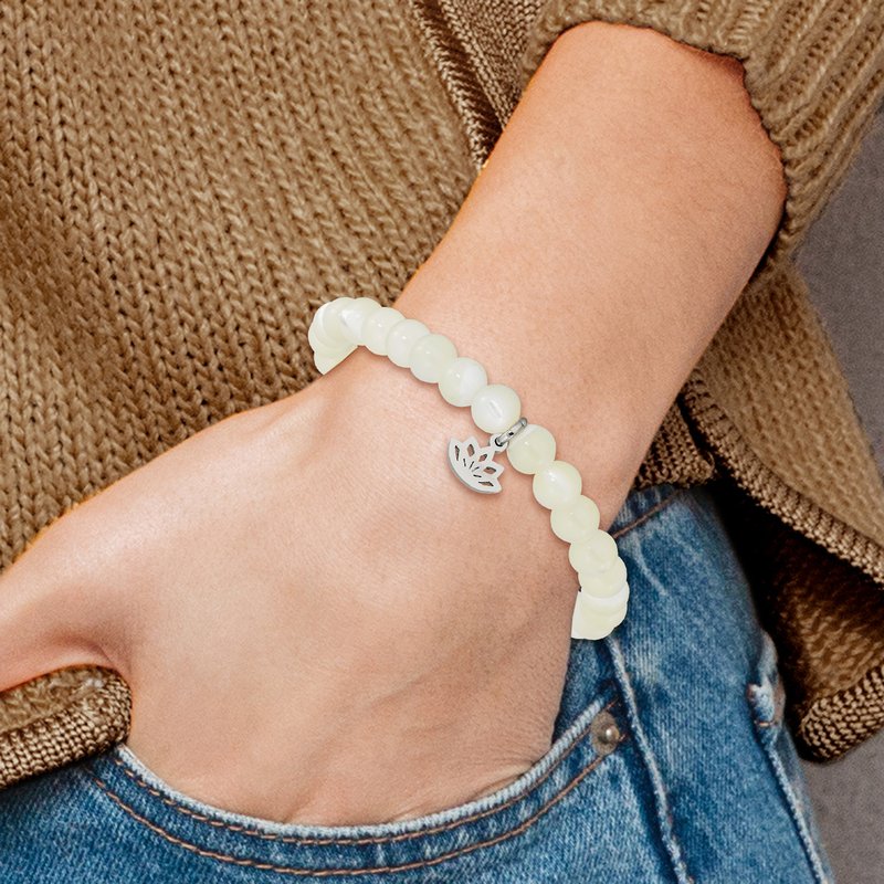 Stainless Steel Polished Lotus 6mm Mother of Pearl Beaded Stretch Bracelet