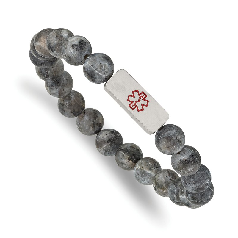 Stainless Steel Brushed with Red Enamel Medical ID 8.5mm Labradorite Beaded Stretch Bracelet