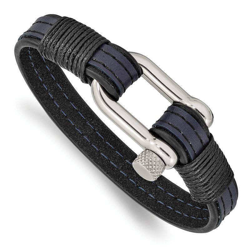 Stainless Steel Polished Shackle Black and Blue Leather 8.25 inch Bracelet