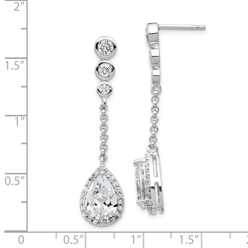 Sterling Silver Rhodium-plated Brilliant-cut CZ Bezel & Teardrop Halo Post Dangle Earrings