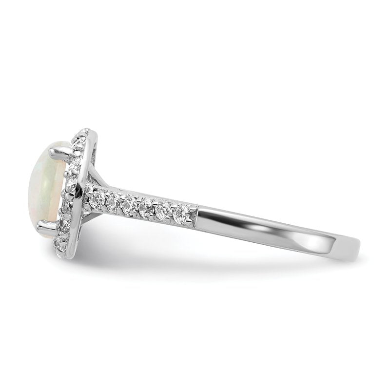 Sterling Silver Rhodium-plated Cabochon Lab Created Opal and Brilliant-cut CZ Halo Ring