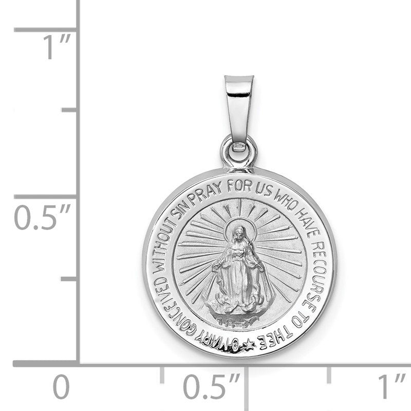 14k White Gold Polished and Satin Hollow Miraculous Medal Round Pendant