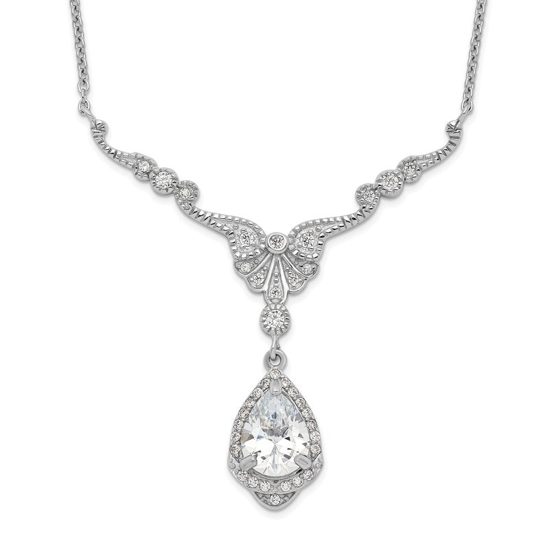 Sterling Silver Rhodium-plated Fancy Brilliant-cut CZ Teardrop Dangle 16 Inch Necklace with 2.25 Inch Extender