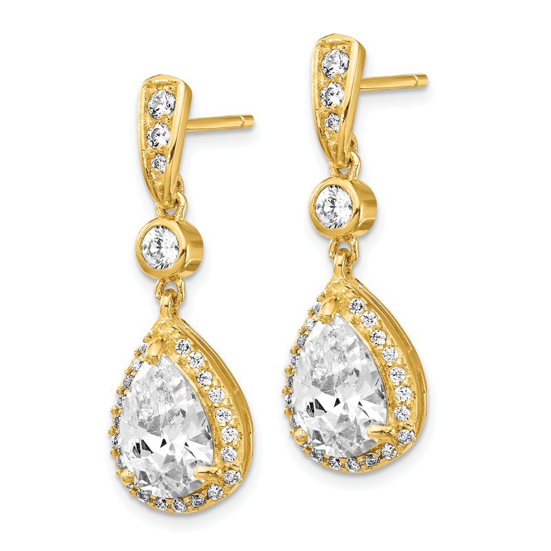 Sterling Silver Gold-plated Brilliant-cut CZ Teardrop and Bezel Halo Post Dangle Earrings