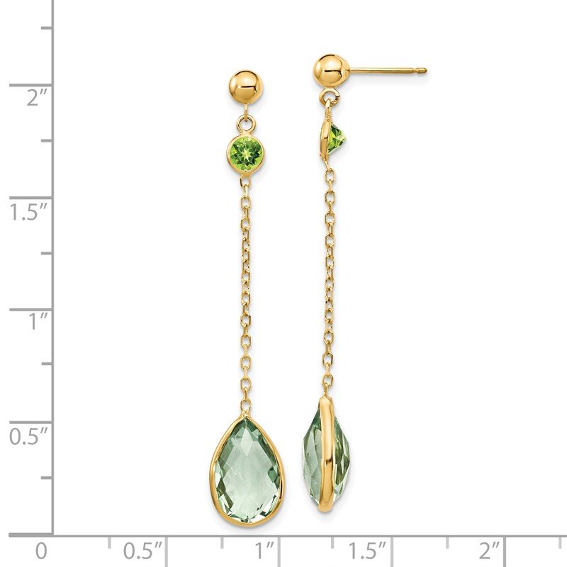 14K Round Peridot/Pear Green Quartz Chain Dangle Post Earrings