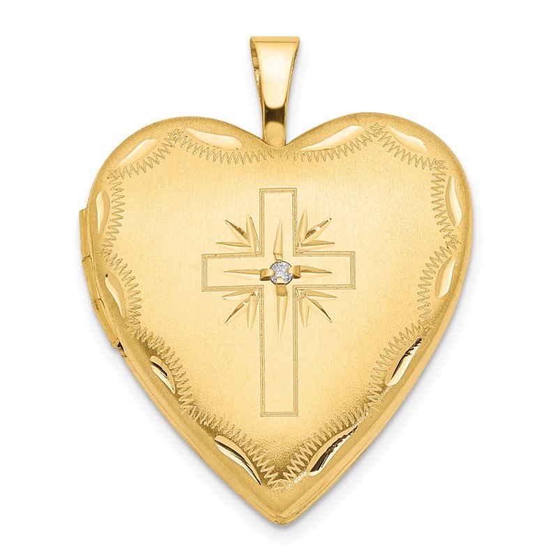 14k Diamond Satin and Diamond-cut Cross 20mm Heart Locket