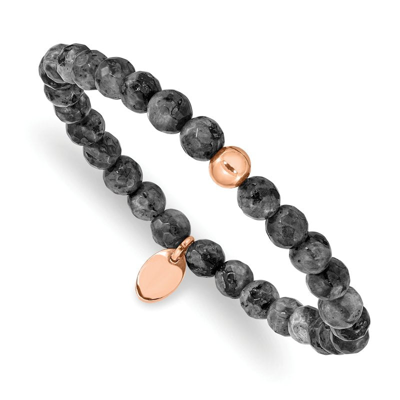 Stainless Steel Polished Rose IP-plated 6mm Spectrolite Beaded Stretch Bracelet