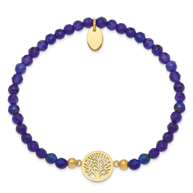 Stainless Steel Polished Yellow IP-plated Tree of Life 4mm Blue Jade Beaded Stretch Bracelet