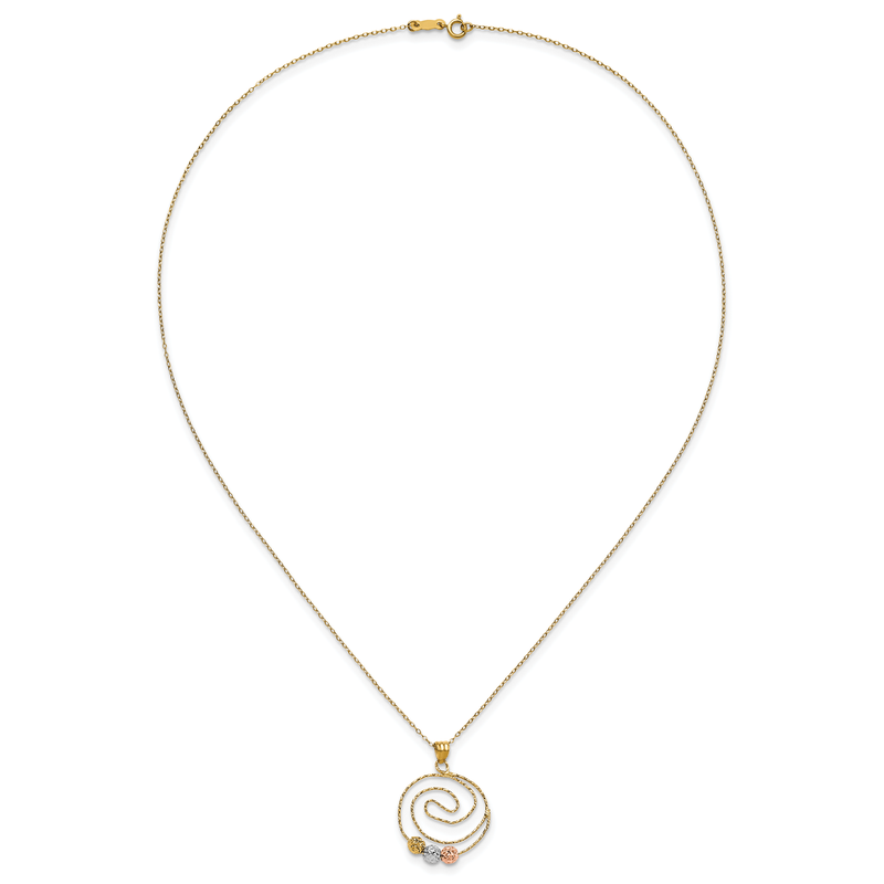 14k Tri-color Diamond-cut Beads on Spiral Pendant 18 inch Necklace