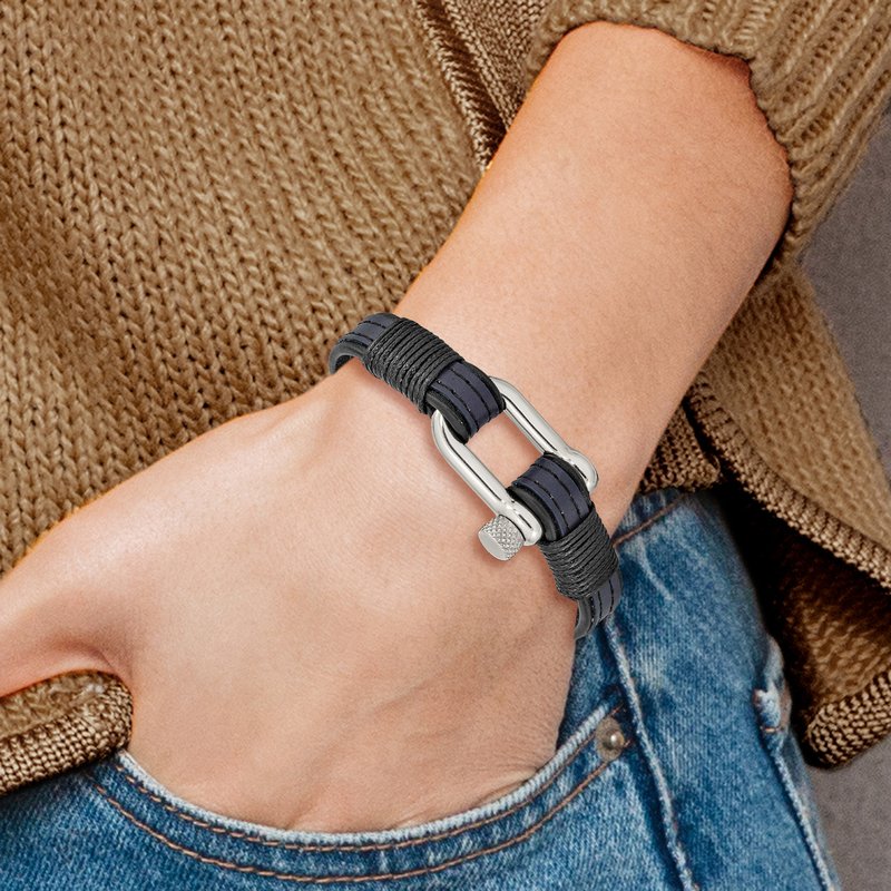 Stainless Steel Polished Shackle Black and Blue Leather 8.25 inch Bracelet