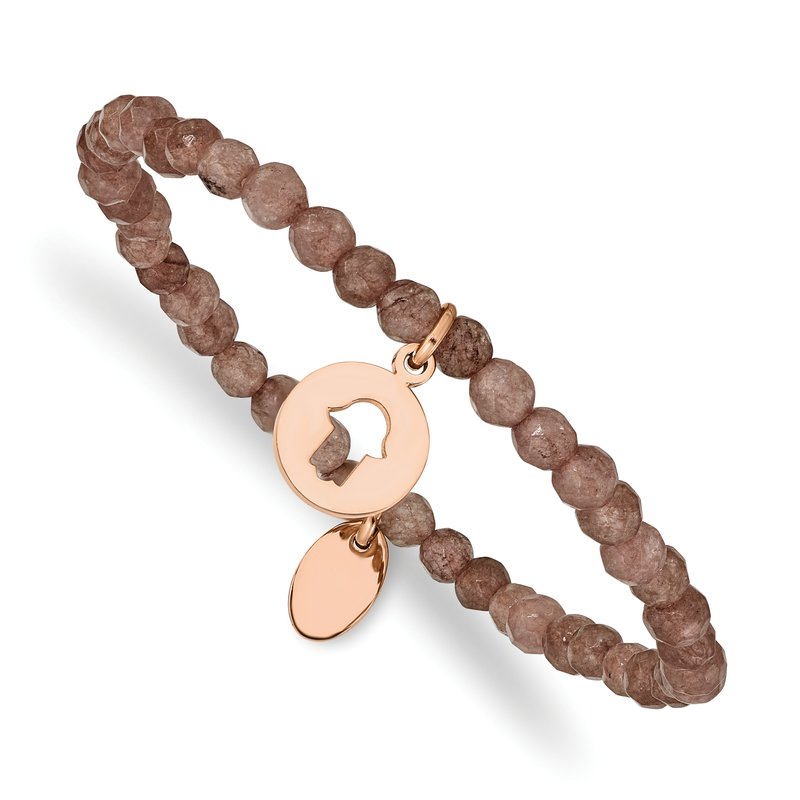 Stainless Steel Polished Rose IP-plated Hamsa 4mm Brown Jade Beaded Stretch Bracelet