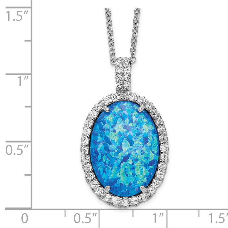 Sterling Silver Rhodium-plated Cabochon Lab Created Blue Opal and Brilliant-cut CZ Oval 18.5 Inch Necklace