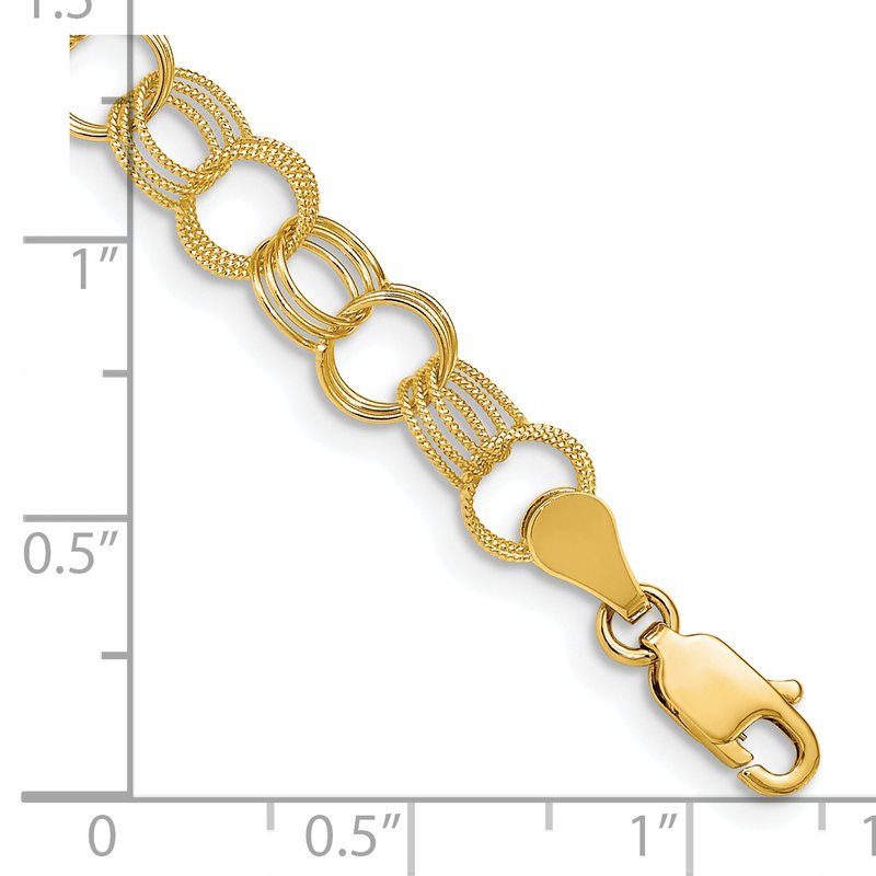 14k 7.5mm Solid Polished and Textured Triple Link 7 inch Charm Bracelet