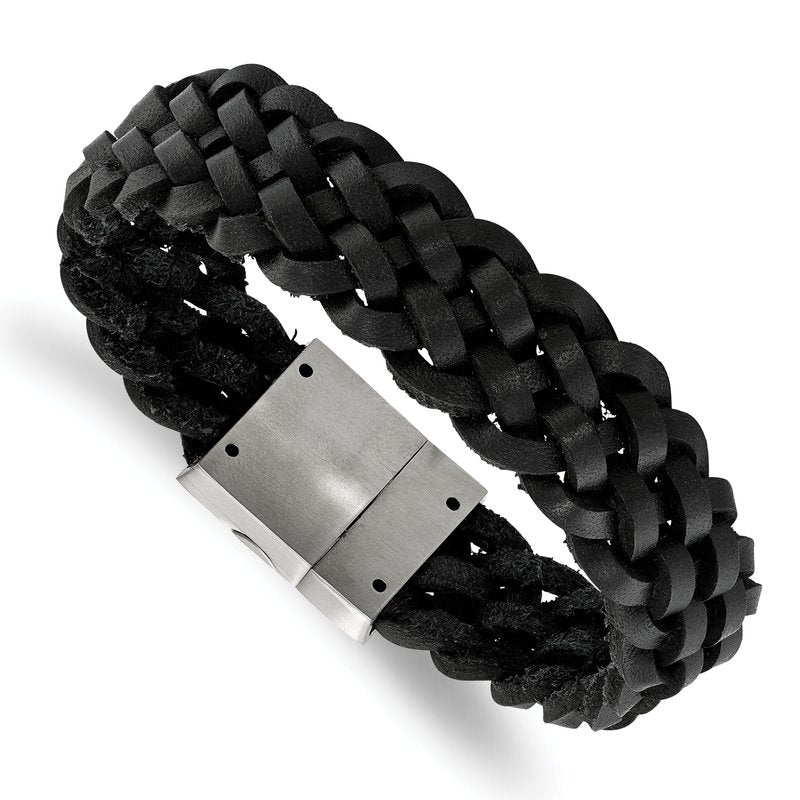 Stainless Steel Brushed Black Braided Leather 8.5 inch Bracelet