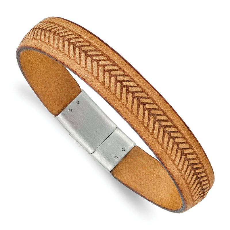 Stainless Steel Polished Textured Tan Italian Leather 8.75 inch Bracelet