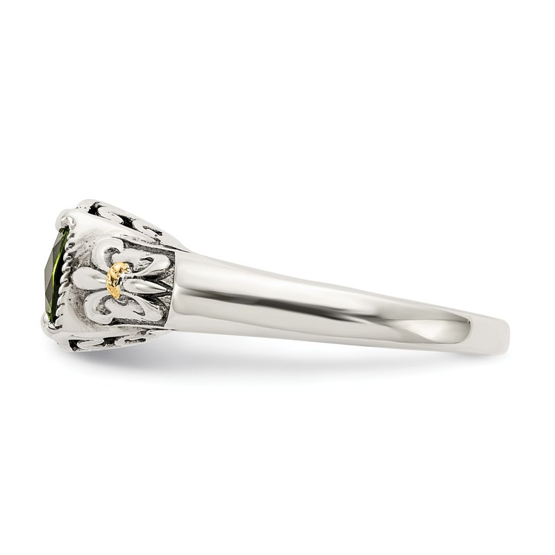 Sterling Silver with 14K Accent Antiqued Cushion Peridot Ring