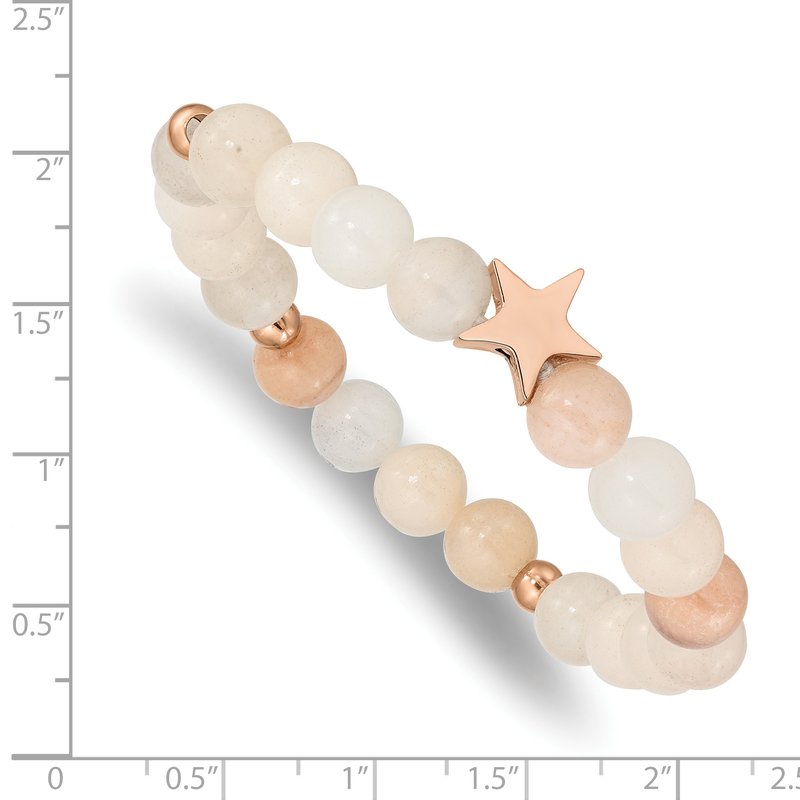 Stainless Steel Polished Rose IP-plated Star 8.5mm Pink and White Aventurine Beaded Stretch Bracelet