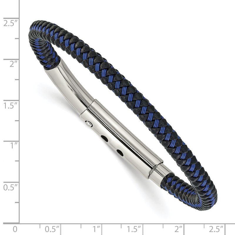 Stainless Steel Polished Blue Wire and Black Polyurethane Adjustable 7.75 to 8.25 inch Bracelet