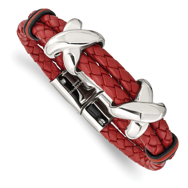 Stainless Steel Polished Red Leather and Black Rubber 8 inch Bracelet
