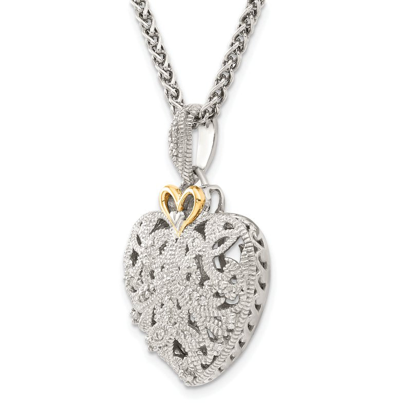 Sterling Silver Antiqued with 14K Accent 18 Inch Diamond Vintage Heart Necklace