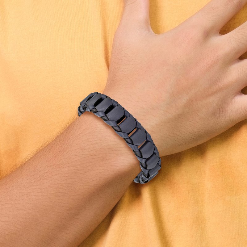 Stainless Steel Brushed Black IP-plated Blue Leather 8.5 inch Bracelet