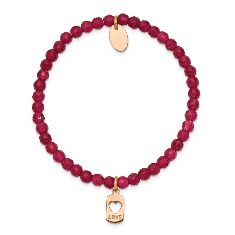 Stainless Steel Polished Rose IP-plated LOVE 4mm Red Jade Beaded Stretch Bracelet