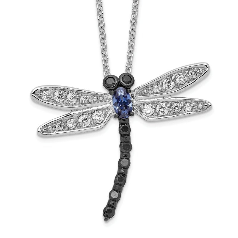 Sterling Silver Rhodium-plated with Black Rhodium Accent Brilliant-cut Black White and Blue CZ Dragonfly 18 Inch Necklace