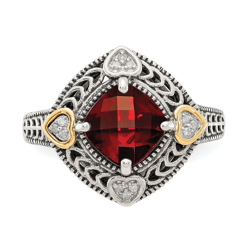 Sterling Silver with 14K Accent Antiqued Diamond and Checkerboard Cushion Garnet Ring