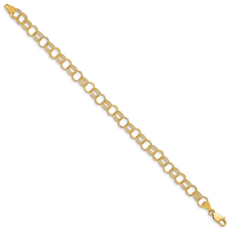 14k 7.5mm Solid Polished and Textured Triple Link 7 inch Charm Bracelet
