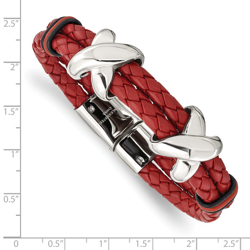 Stainless Steel Polished Red Leather and Black Rubber 8 inch Bracelet