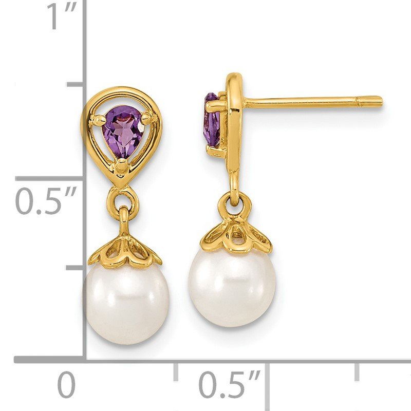 14K 6-7mm White Round Freshwater Cultured Pearl and 3.08AM Pear Amethyst Post Dangle Earrings