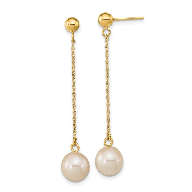 14k 7-8mm White Round Freshwater Cultured Pearl Chain Dangle Post Earrings