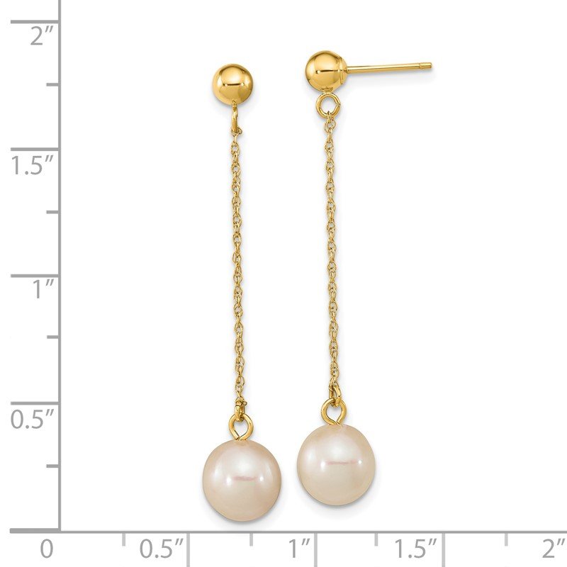 14k 7-8mm White Round Freshwater Cultured Pearl Chain Dangle Post Earrings